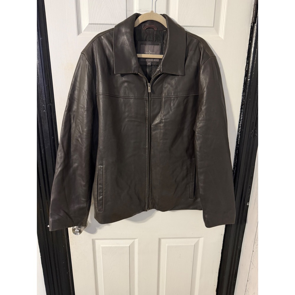 Cole Haan Mens XXL Dark Brown Leather Zip Up Jacket Point Collar Quilted Lining